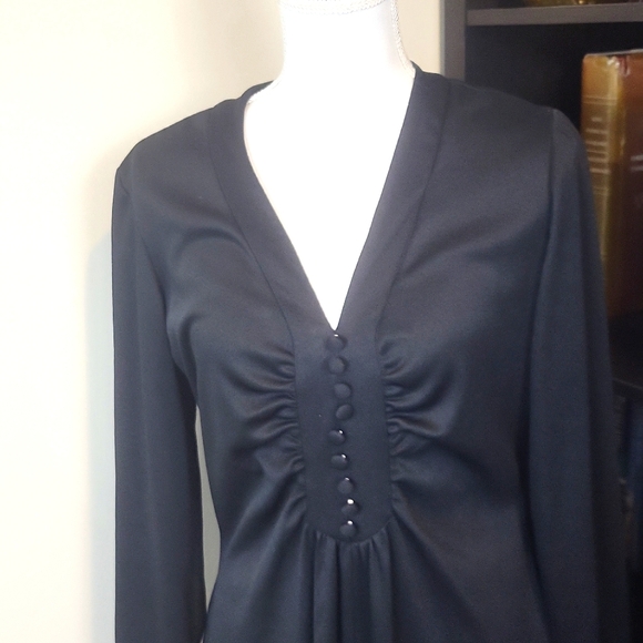 Vtg 70s-80s MISS-TIQUE Black V-neck Long Sleeve Witchycore Adam's Family Maxi - Picture 2 of 13